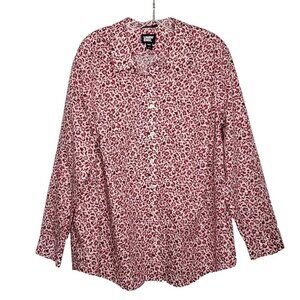 Lands End Womens Floral Button Front Top Shirt Sz 18 Red Black No Iron Supima